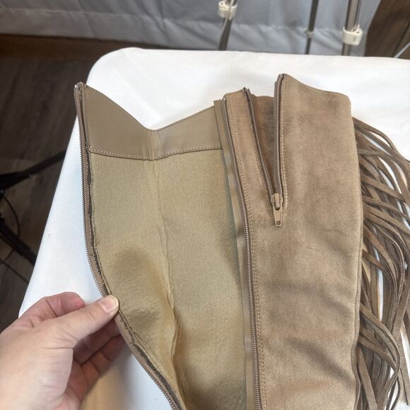 Pierre Dumas Light Brown Knee High Boots With Fringe Size 7 1/2 Medium Preowned - Picture 9 of 16